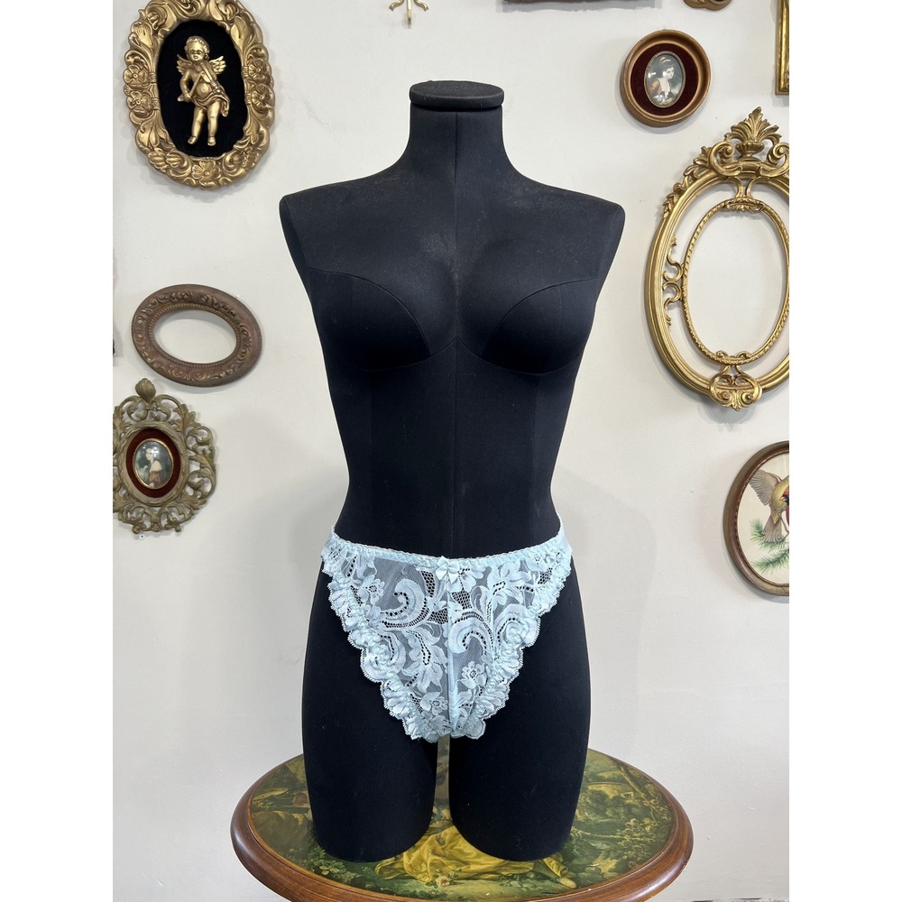 Woolite Vintage Light Blue Floral Lace High Cut Bikini Panties Size M